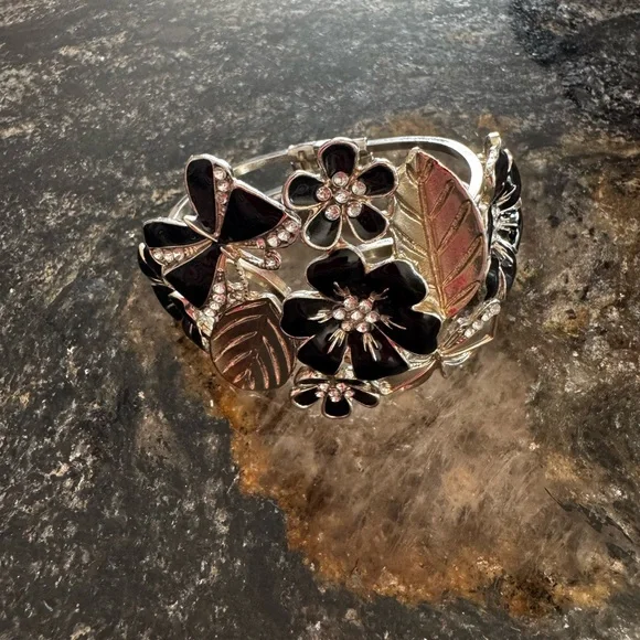 Y2K Enamel Floral and Butterfly Hinged Clamper Bracelet - Picture 2 of 5